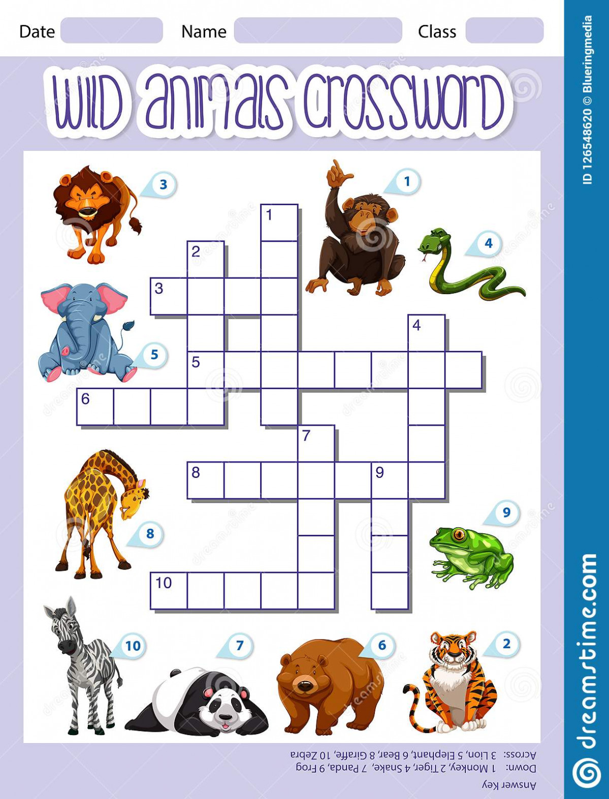 Plantilla del crucigrama de los animales salvajes 126548620